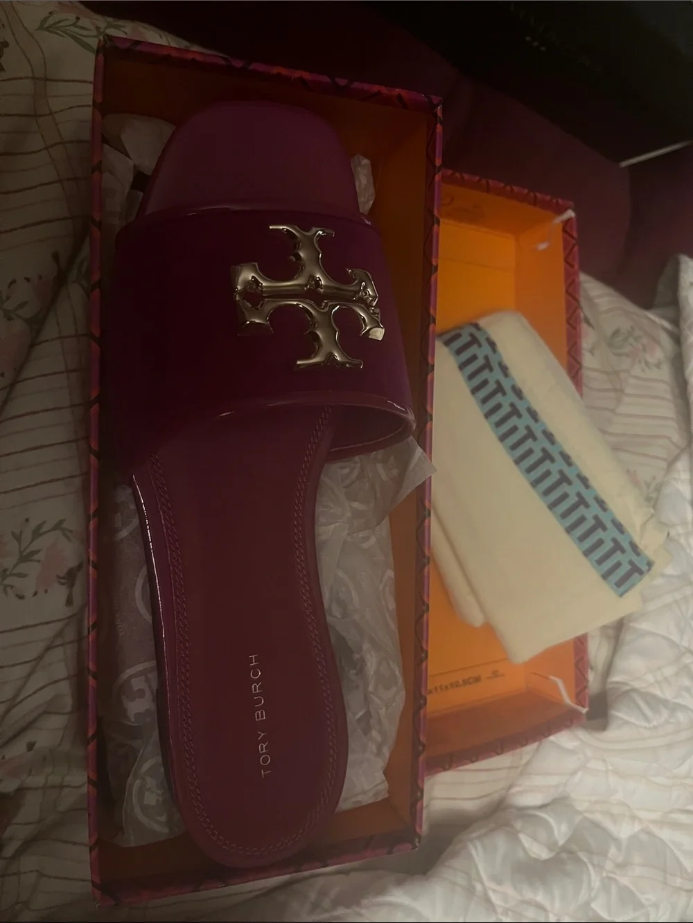 Tory Burch Mirage Slide Sandal in Fuchsia with Gold Logo